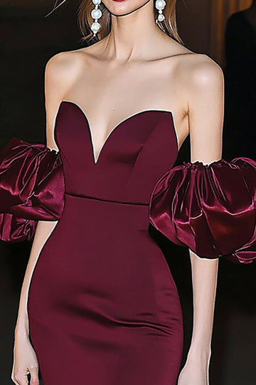 Robe de Gala Sirène en satin bordeaux à manches bouffantes